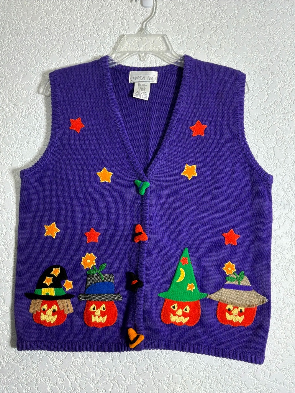 Vintage Mandal Bay Purple Halloween Pumpkin Vest with Stars and Jack-o-lanterns